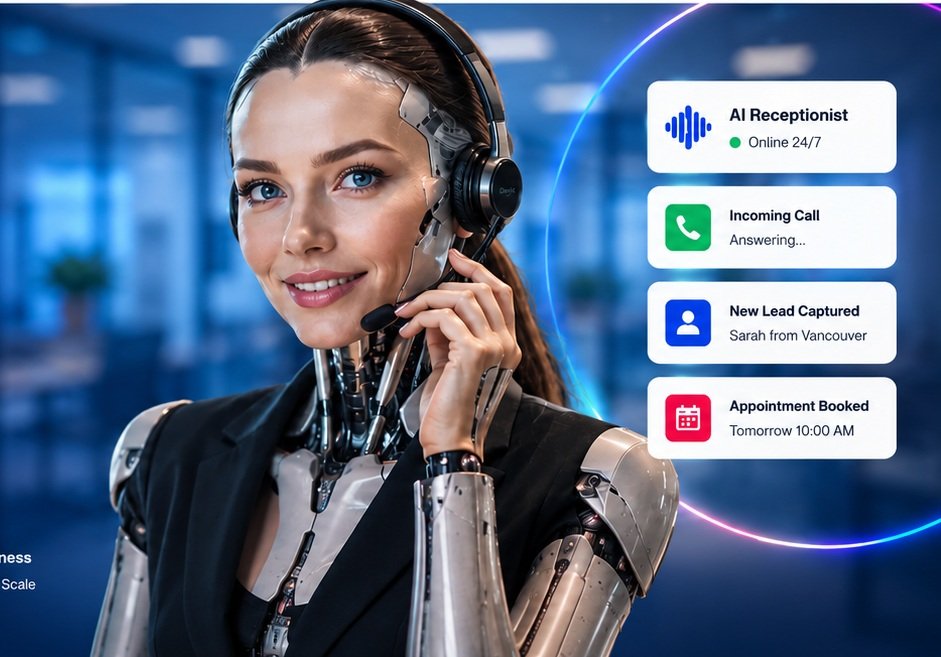 AI receptionist in a blue office environment